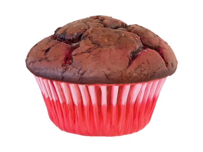 fluffy chocolate muffin with red paper cup 3D model, vytvořený pomocí AI