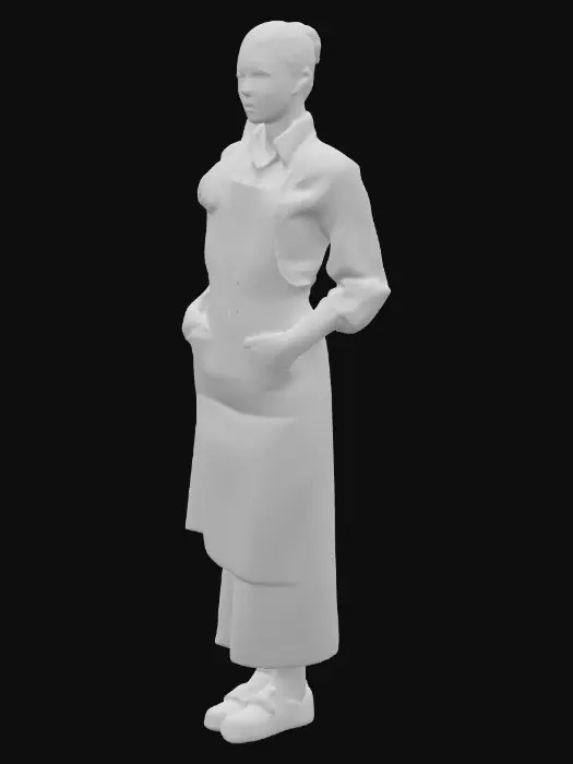 3D model for Standing young women wearing a white dress shirt, sleeves are rolled over to her elbows. She's also wearing a black skirt up to her knees. She's wearing also a black apron. she has dark brown hair tied on a ponytail. her skin is light but not white, dark green eyes. her hands are resting over her hips. she is wearing white snickers, no socks.