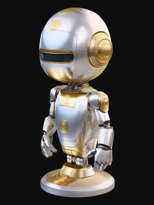 3D model for A highly detailed 3D statue of a futuristic robot mail carrier standing upright on a circular pedestal. 
The robot is made of polished silver metal with intricate panel details and a smooth, reflective surface. 
It holds a golden metallic envelope icon in one hand — the gold should be realistic and glossy, but not glowing. 
The robot has a clean, featureless head and a slim, strong body, posed naturally and standing vertically. 
The pedestal should be metallic with a slightly brushed texture. 
No background or environment lighting — only the model with proper PBR materials. 
Realistic high-poly quality suitable for close-up viewing and use in oncyber.io.