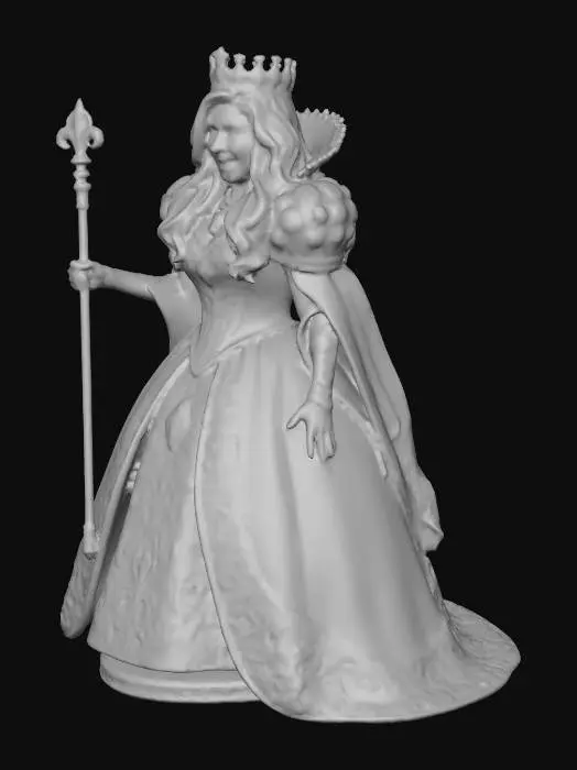 3D model for Create the exact same woman but with a queen's outfit holding a queen's staff. The queen's outfit must be the same style but queenly. The woman's face and hair must remain the exact same.The queen needs a crown.
