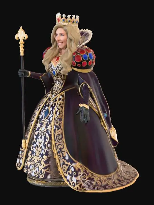 3D model for Create the exact same woman but with a queen's outfit holding a queen's staff. The queen's outfit must be the same style but queenly. The woman's face and hair must remain the exact same.The queen needs a crown.