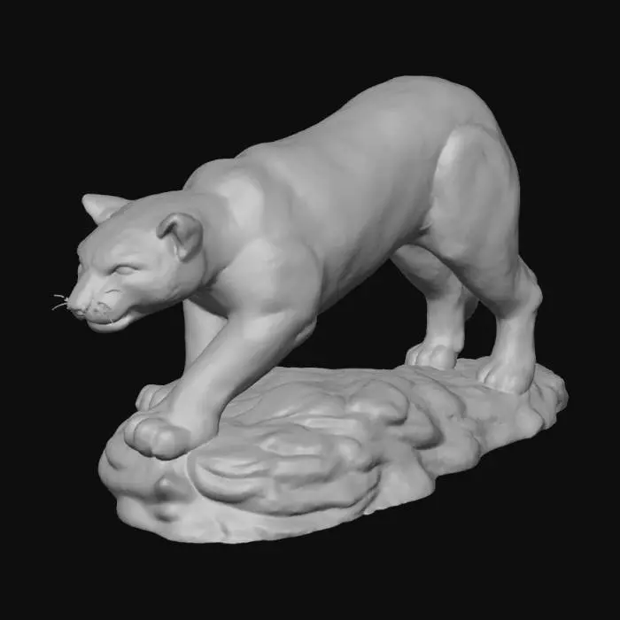 3D model for A crafty snow leopard figurine, one a pedestal. The leopard is muscular and young. The figurine pose captures the cat in the wild, staling his prey.