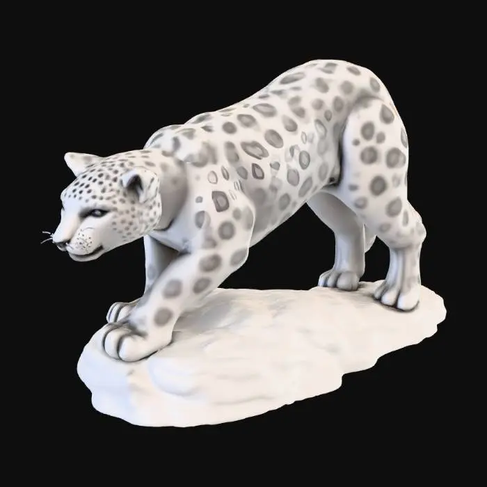 3D model for A crafty snow leopard figurine, one a pedestal. The leopard is muscular and young. The figurine pose captures the cat in the wild, staling his prey.