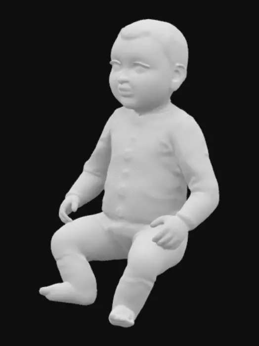 3D model for a realistic baby in a soft, light pink baby onesie with a smooth texture, featuring long sleeves and legs, and simple button details on the front.