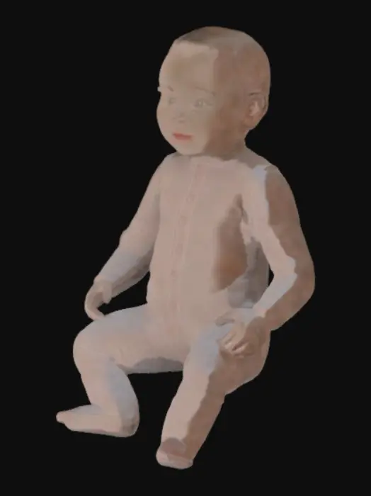 3D model for a realistic baby in a soft, light pink baby onesie with a smooth texture, featuring long sleeves and legs, and simple button details on the front.