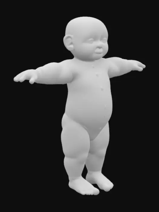 3D model for Highly Detailed, T-pose, a realistic baby in a soft, light pink baby onesie with a smooth texture, featuring long sleeves and legs, and simple button details on the front.