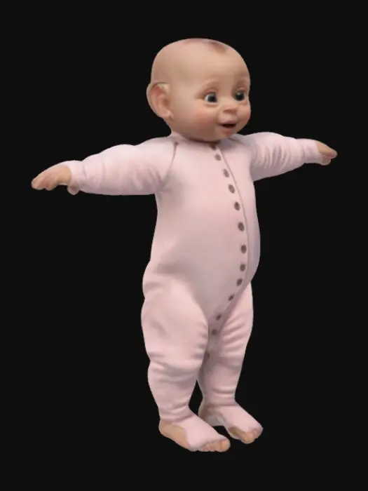 3D model for Highly Detailed, T-pose, a realistic baby in a soft, light pink baby onesie with a smooth texture, featuring long sleeves and legs, and simple button details on the front.