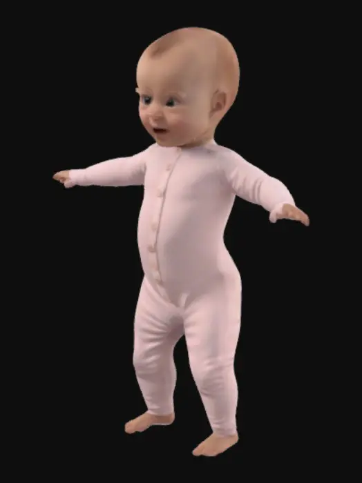 3D model for T-pose, a realistic baby in a soft, light pink baby onesie with a smooth texture, featuring long sleeves and legs, and simple button details on the front.