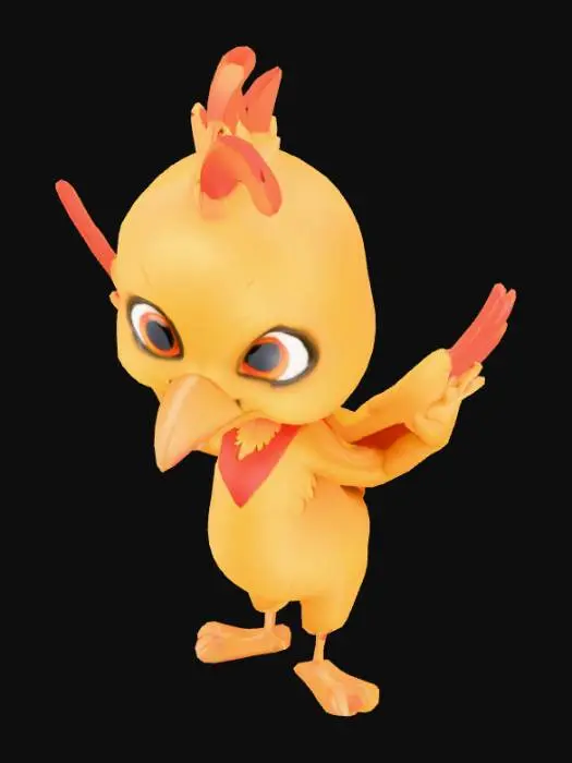 3D model for A cute, cartoon-style humanoid Garuda figure features a smooth, simplified body with a vibrant, golden-orange plumage texture on its stylized wings and feathered lower legs. Its friendly, eagle-like face has large, expressive eyes and a small, rounded beak, set with a cheerful expression. The figure wears a simplified, deep red and white loincloth, and a miniature, ornate crown adorns its head, suggesting a soft, smooth plastic-like material with subtle glossy reflections.