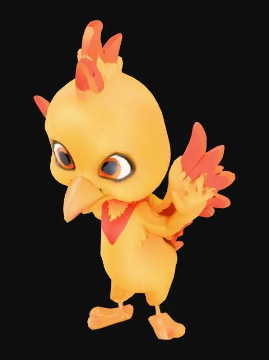 3D model for A cute, cartoon-style humanoid Garuda figure features a smooth, simplified body with a vibrant, golden-orange plumage texture on its stylized wings and feathered lower legs. Its friendly, eagle-like face has large, expressive eyes and a small, rounded beak, set with a cheerful expression. The figure wears a simplified, deep red and white loincloth, and a miniature, ornate crown adorns its head, suggesting a soft, smooth plastic-like material with subtle glossy reflections.