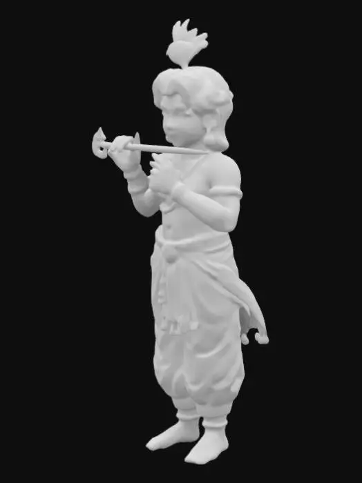 3D model for Anime-style full-body Lord Krishna with blue skin, peacock feather on his head, and glowing jewelry. He’s holding a flute and has a serene, graceful expression. His outfit is elegant, with intricate jewelry including a necklace, armlets, and earrings. The background is peaceful, with a soft divine glow around him."