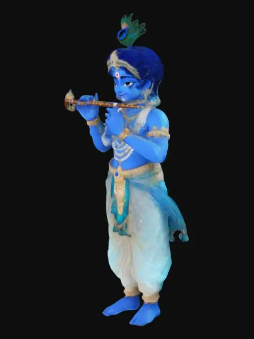 3D model for Anime-style full-body Lord Krishna with blue skin, peacock feather on his head, and glowing jewelry. He’s holding a flute and has a serene, graceful expression. His outfit is elegant, with intricate jewelry including a necklace, armlets, and earrings. The background is peaceful, with a soft divine glow around him."