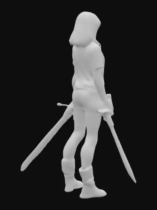 3D model for warrior girl with blank hair black t-shirt denim shorts and 2 swords