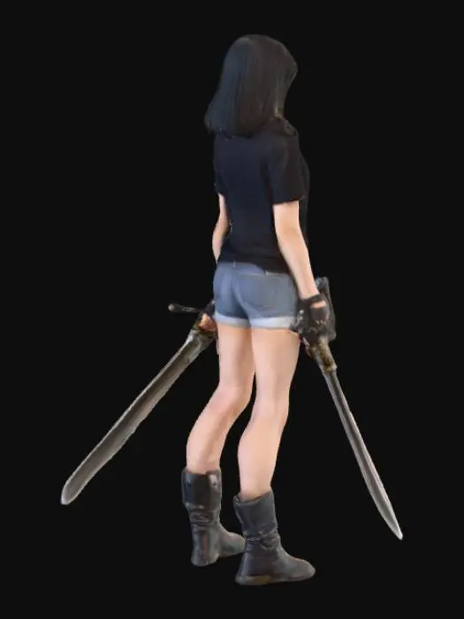 3D model for warrior girl with blank hair black t-shirt denim shorts and 2 swords