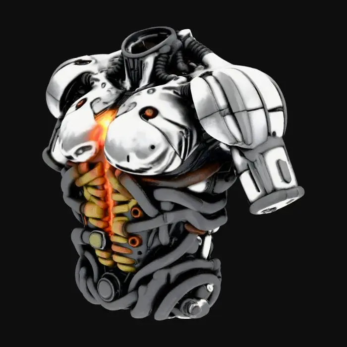 3D model for Biomechanical reactor core torso, NO ARMS< NO LEGS< NO HEAD — pulsing inner glow, fusion of metal plating and organic tubing, semi-transparent fluid sacs, powered by internal energy cells — alien, gritty sci-fi aesthetic.