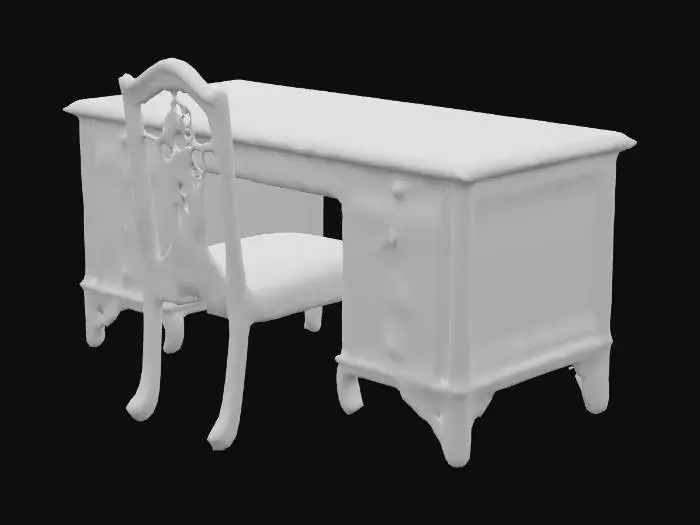 3D model for 1930s Chinese office wooden desk and chair, dark mahogany wood, carved legs, slightly worn edges, realistic game-ready asset.
