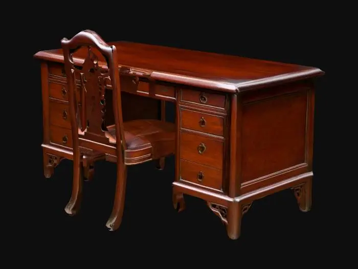 3D model for 1930s Chinese office wooden desk and chair, dark mahogany wood, carved legs, slightly worn edges, realistic game-ready asset.
