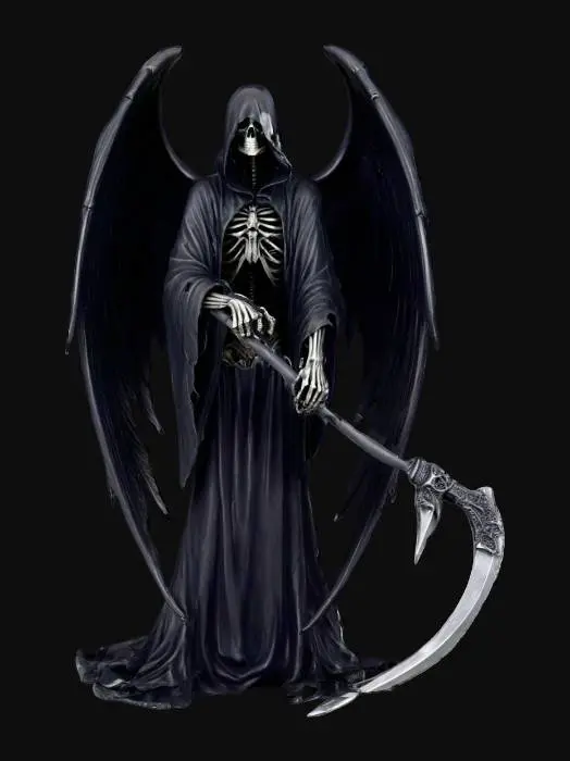 3D model for personagem da morte, que voa e tem asas, com sua foice na mão. Algo bem sombrio. coloração preta predominante e algum cinza.