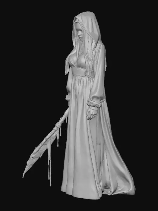 3D model for a Hot woman with big breasts she is wearing a long hooded dress with blue eyes she has on a blue dress with blood on her dress she is holding a weapon with blood on it