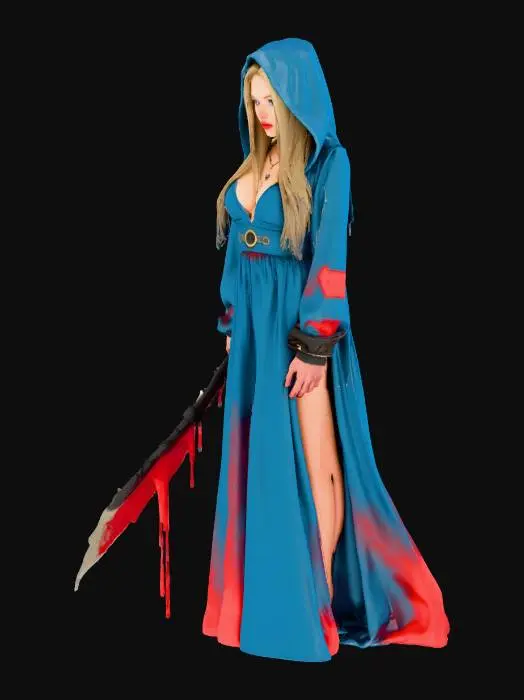 3D model for a Hot woman with big breasts she is wearing a long hooded dress with blue eyes she has on a blue dress with blood on her dress she is holding a weapon with blood on it
