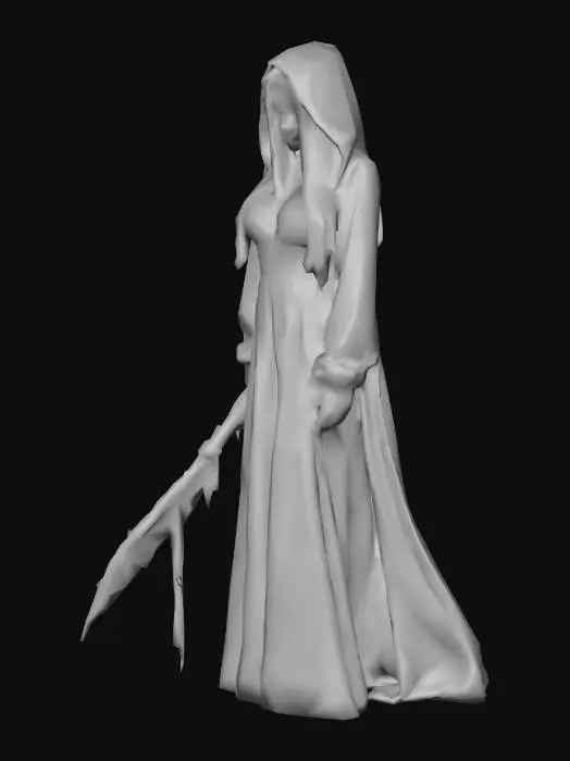 3D model for a Hot woman with big breasts she is wearing a long hooded dress with blue eyes she has on a blue dress with blood on her dress she is holding a weapon with blood on it