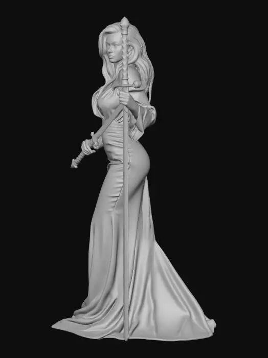 3D model for A glamorous woman, her dark raven hair infused with bold scarlet strands, showcasing her ample bust in an elegant, deep ruby satin gown. The dress flows with a smooth, luxurious texture, subtly revealing her form, exuding sophistication and danger. She carries a finely crafted, ornate longsword, its sharp edge ominously coated in crimson-hued blood.