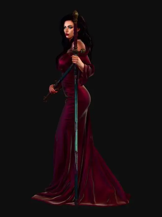 3D model for A glamorous woman, her dark raven hair infused with bold scarlet strands, showcasing her ample bust in an elegant, deep ruby satin gown. The dress flows with a smooth, luxurious texture, subtly revealing her form, exuding sophistication and danger. She carries a finely crafted, ornate longsword, its sharp edge ominously coated in crimson-hued blood.