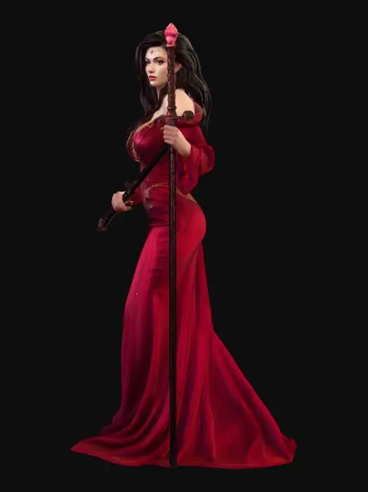 3D model for A glamorous woman, her dark raven hair infused with bold scarlet strands, showcasing her ample bust in an elegant, deep ruby satin gown. The dress flows with a smooth, luxurious texture, subtly revealing her form, exuding sophistication and danger. She carries a finely crafted, ornate longsword, its sharp edge ominously coated in crimson-hued blood.