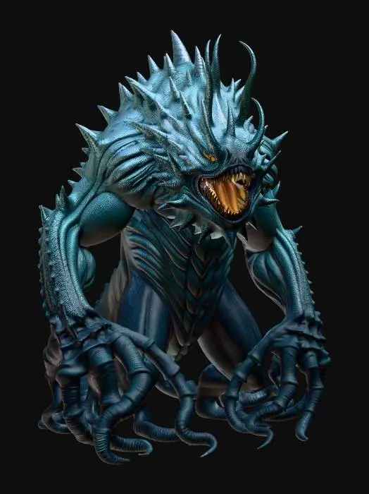 3D model for Ancient abyssal sea god monster, towering aquatic aberration with a massive muscular torso covered in dark green scales, crowned with jagged coral-like spines and horn-like protrusions, monstrous face with a wide mouth full of long needle-like teeth, small glowing predatory eyes, thick octopus-like tentacles coiling around its body, barnacles and sea growth on its skin, wet slimy texture, emerging from the depths of a dark ocean, lovecraftian horror creature, highly detailed fantasy illustration, dramatic lighting, dark fantasy style, epic tabletop RPG monster art, painterly style