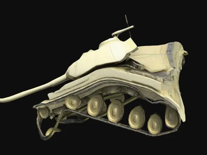 3D model for The object is a tank characterized by a long cylindrical barrel, a low-profile rectangular chassis with a rotating turret, and a robust, segmented texture with caterpillar tracks., 