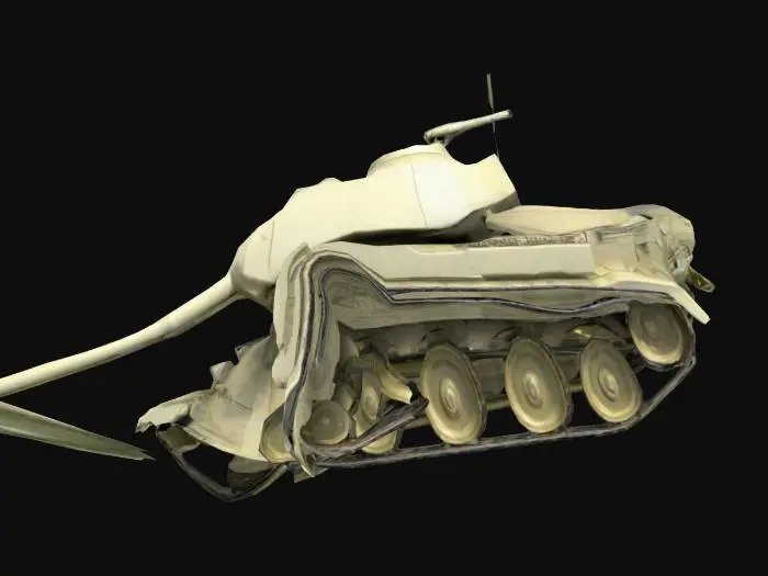 3D model for The object is a tank characterized by a long cylindrical barrel, a low-profile rectangular chassis with a rotating turret, and a robust, segmented texture with caterpillar tracks., 