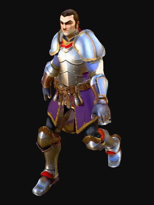 3D model for A stylized low-poly human footman warrior in a perfect T-pose, Warcraft 3 style. Heroic proportions with oversized plate armor and chunky shoulder pads. Empty handed, simplified mitten-style hands with NO individual fingers. Symmetric design, arms extended horizontally, feet shoulder-width apart. Hand-painted texture style, high contrast, vibrant fantasy colors (Steel gray and Royal red). NO weapons, NO shield, clean low-poly mesh ready for rigging.