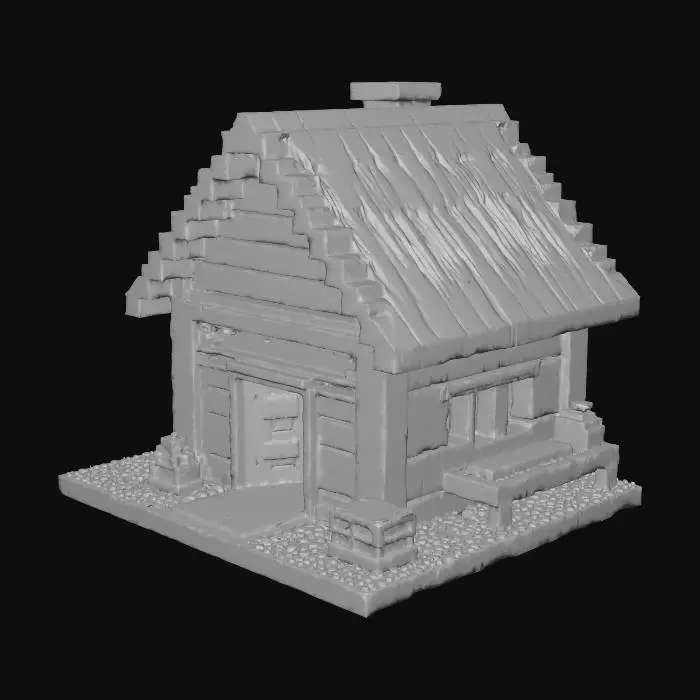 3D model for Uma casa simples do minecraft com a porta aberta, dentro tendo uma bancada de trabalho (do minecraft), uma fornalha (do minecraft), uma cama (do minecraft) e um baú (do minecraft)