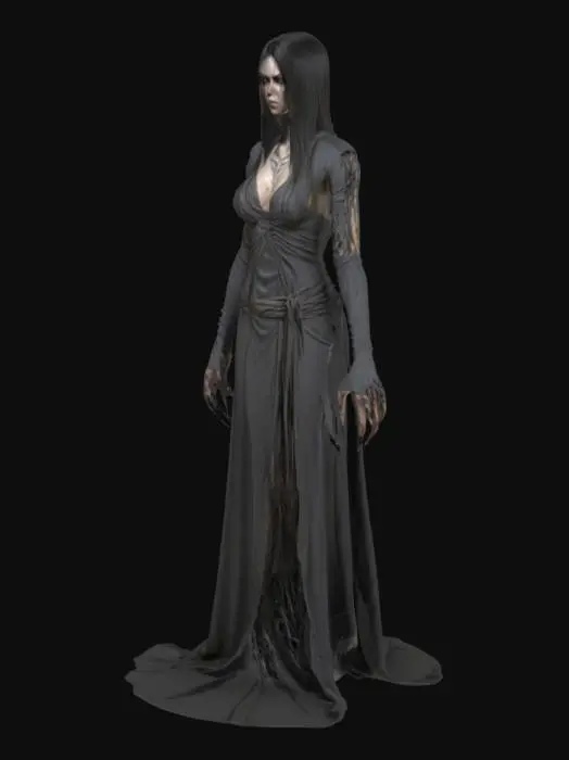 3D model for fantasy female banshee, slim elegant body, long straight hair sticking out like blades, elegant robe torn into individual shreds, hands ending in claws reaching forward, detailed terrifying female face, extremely detailed, high resolution texture, epic stance