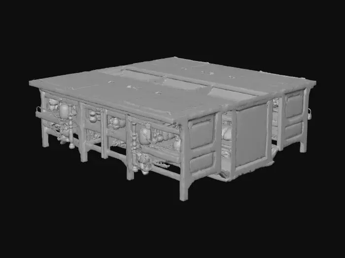 3D model for A highly detailed historical laboratory inspired by early 20th-century Paris and Marie Curie’s workspace. The room has tall glass windows with soft daylight, rustic stone walls, and dark oak tables covered in vintage lab glassware—beakers, flasks, crucibles, and retorts. Handwritten notebooks, a brass microscope, chemical bottles, ceramic jars, and a chalkboard with faded formulas fill the space. A Bunsen burner, distillation tools, and a small furnace are in the corner. The lighting is warm and atmospheric. Materials should look aged, realistic, and suitable for 3D modeling and VR.