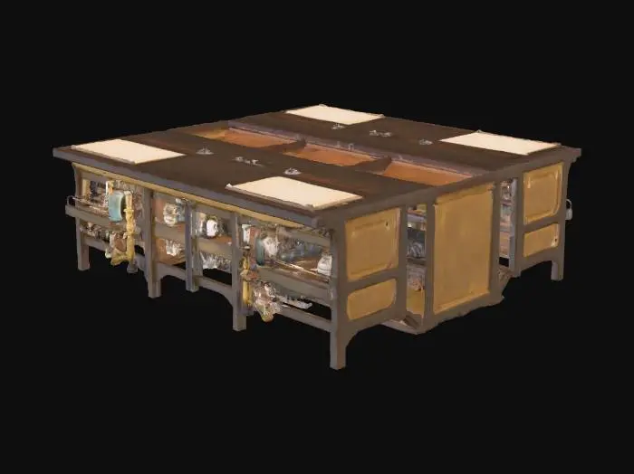 3D model for A highly detailed historical laboratory inspired by early 20th-century Paris and Marie Curie’s workspace. The room has tall glass windows with soft daylight, rustic stone walls, and dark oak tables covered in vintage lab glassware—beakers, flasks, crucibles, and retorts. Handwritten notebooks, a brass microscope, chemical bottles, ceramic jars, and a chalkboard with faded formulas fill the space. A Bunsen burner, distillation tools, and a small furnace are in the corner. The lighting is warm and atmospheric. Materials should look aged, realistic, and suitable for 3D modeling and VR.