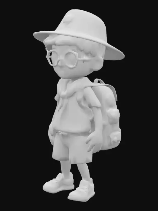 3D model for traveller boy with backpack and scout hat with big glasses with cute smile