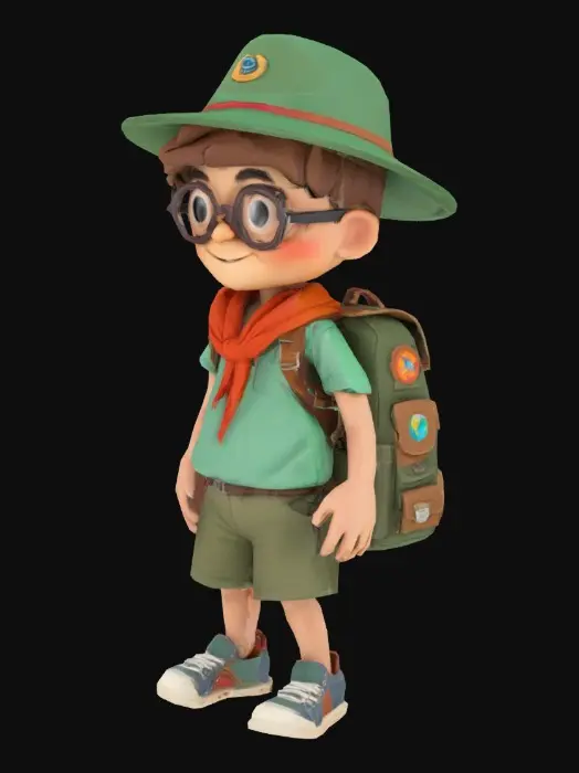 3D model for traveller boy with backpack and scout hat with big glasses with cute smile