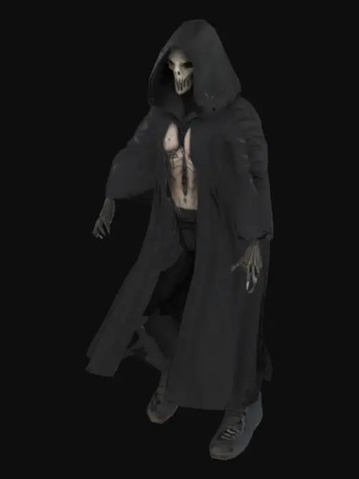 3D model for A dark cultist character wearing a long black torn hooded robe with a wide cloak, hood hiding the face completely in shadow, skeletal hands with long claws, standing upright like a humanoid controller, mysterious and ominous, post-apocalyptic horror style, realistic PBR details, suitable for game NPC, rigged humanoid, T-pose