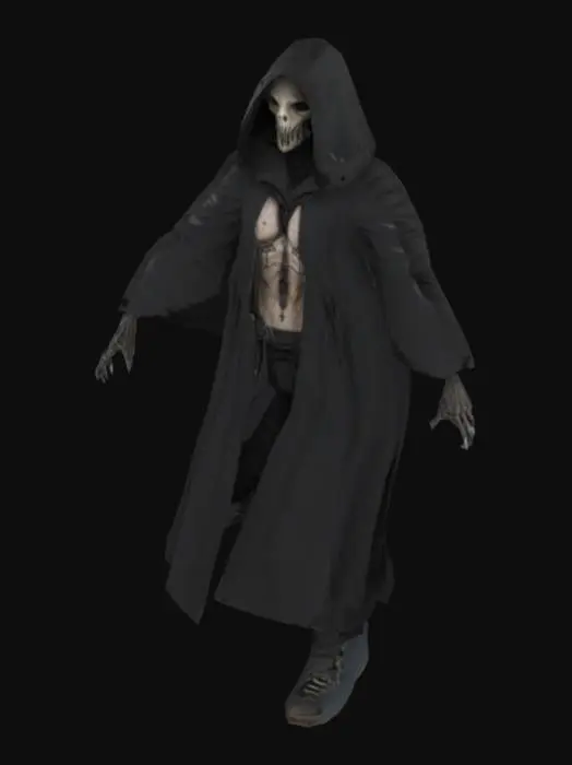 3D model for A dark cultist character wearing a long black torn hooded robe with a wide cloak, hood hiding the face completely in shadow, skeletal hands with long claws, standing upright like a humanoid controller, mysterious and ominous, post-apocalyptic horror style, realistic PBR details, suitable for game NPC, rigged humanoid, T-pose