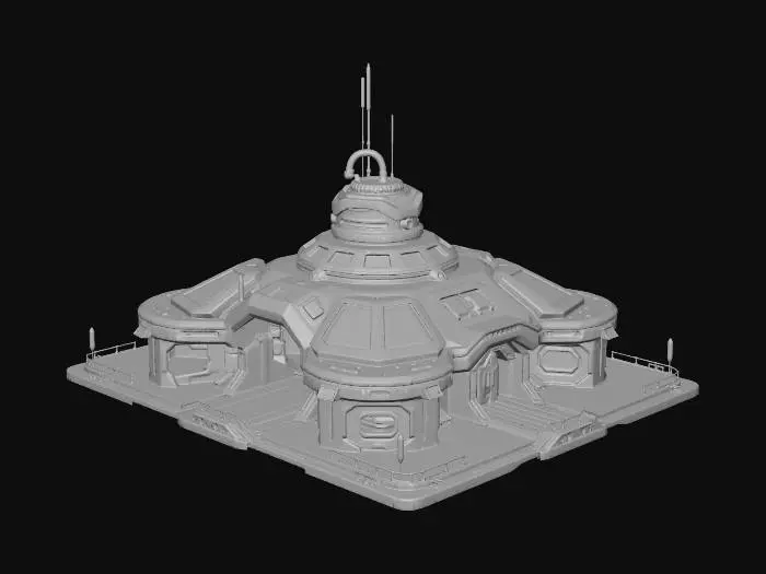 3D model for A futuristic human colony 'House' or 'Habitat' designed for a sci-fi colony-management game. Integrated life-support elements (subtle tubing, vents, generators, water collector. Minimalist sci-fi aesthetic (functional, not flashy) Style: grounded sci-fi realism (NASA / near-future space colony), not fantasy, not anime. no people, no ui, no directional light, no shadows. PBR sci-fi futuristic textures