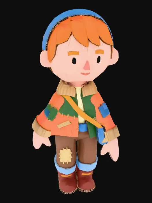 3D model for A stylized 3D humanoid character in a T-Pose, designed for a third-person survival game, with a paper-craft / construction paper aesthetic.
The character looks handmade, as if built from cut, layered construction paper and cardboard, with visible paper edges, folds, and slight imperfections.
Surfaces resemble matte paper, cardstock, and light cardboard, with subtle fiber texture — no plastic, no realism.
Proportions are cute and cartoony: slightly oversized head, simplified limbs, rounded shapes.
Wearing simple survival clothing made of paper: a jacket, pants, boots, and small pouch — all clearly constructed from folded and layered paper shapes.
Colors are bright, vibrant, and cozy, like craft paper (soft blues, warm reds, greens, yellows), with flat shading and minimal gradients.