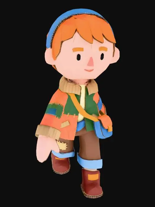 3D model for A stylized 3D humanoid character in a T-Pose, designed for a third-person survival game, with a paper-craft / construction paper aesthetic.
The character looks handmade, as if built from cut, layered construction paper and cardboard, with visible paper edges, folds, and slight imperfections.
Surfaces resemble matte paper, cardstock, and light cardboard, with subtle fiber texture — no plastic, no realism.
Proportions are cute and cartoony: slightly oversized head, simplified limbs, rounded shapes.
Wearing simple survival clothing made of paper: a jacket, pants, boots, and small pouch — all clearly constructed from folded and layered paper shapes.
Colors are bright, vibrant, and cozy, like craft paper (soft blues, warm reds, greens, yellows), with flat shading and minimal gradients.