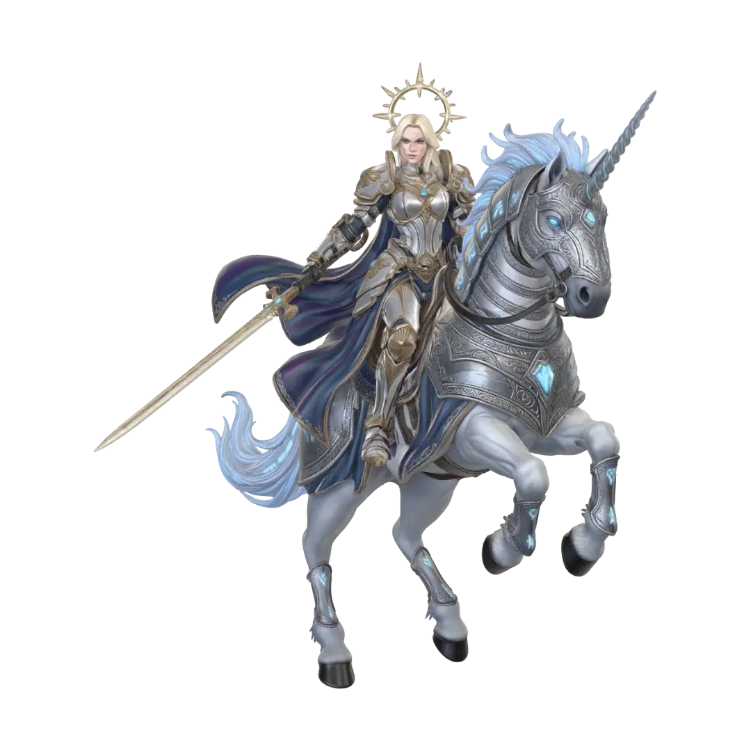 Angelic Warrior on Armored Unicorn - Battlepose 3D model, vytvořený pomocí AI