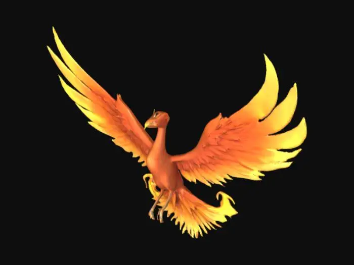 3D model for erstelle einen phönix dessen flügel auf den boden reichen, er hebt gerade vom boden ab , simple form, elegant

