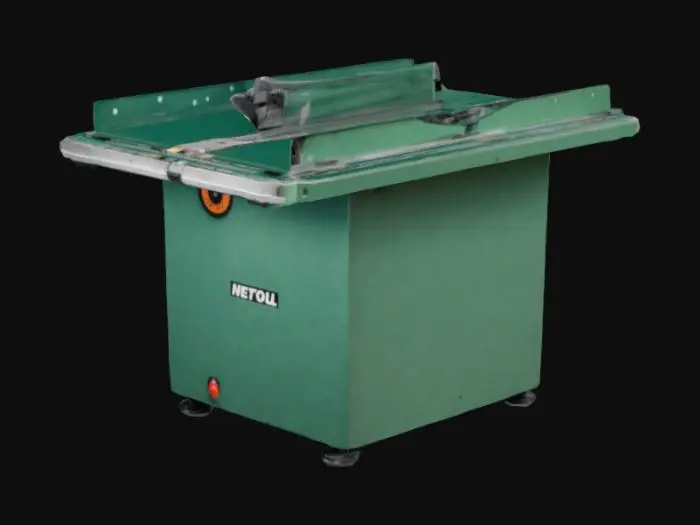 3D model for circular saw, The object is a rectangular, metal table saw with a glossy green finish, featuring a flat tabletop with a central cutting blade and various adjustment levers and knobs., 
