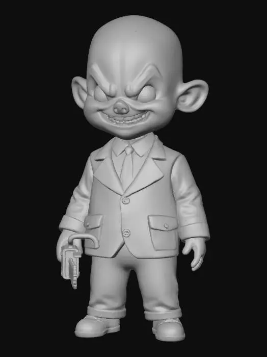 3D model for creepy, dwarf sized man. he has bald head, light skin colour. he is wearing a grey collar suit. his head is slightly bigger then it should be. he is grinning evilly. he is holding a chainsaw., #villain#