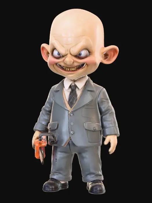 3D model for creepy, dwarf sized man. he has bald head, light skin colour. he is wearing a grey collar suit. his head is slightly bigger then it should be. he is grinning evilly. he is holding a chainsaw., #villain#