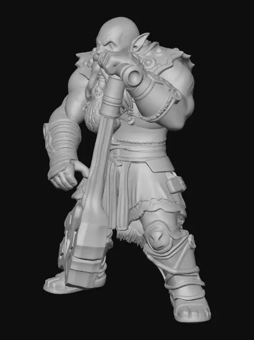 3D model for A Dwarf Blacksmith named ""Lava-Heart."" He is slamming the Rune Hammer into the ground, his body slightly tilted from the immense impact. His skin has the texture of scorched volcanic rock, with incandescent magma visible in the fissures. The hammerhead is made of interlocking pieces of glowing red tungsten steel. Requirement: Powerful pose, frozen motion of impact, focus on the contrast between rock skin and red-hot metal.