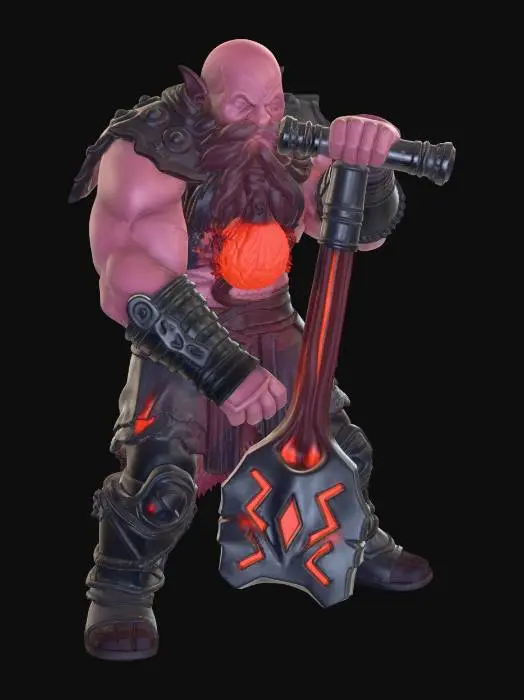 3D model for A Dwarf Blacksmith named ""Lava-Heart."" He is slamming the Rune Hammer into the ground, his body slightly tilted from the immense impact. His skin has the texture of scorched volcanic rock, with incandescent magma visible in the fissures. The hammerhead is made of interlocking pieces of glowing red tungsten steel. Requirement: Powerful pose, frozen motion of impact, focus on the contrast between rock skin and red-hot metal.